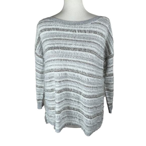 White House Black Market Striped Metallic Fuzzy Eyelash Pullover Sweater Size L - Picture 1 of 6